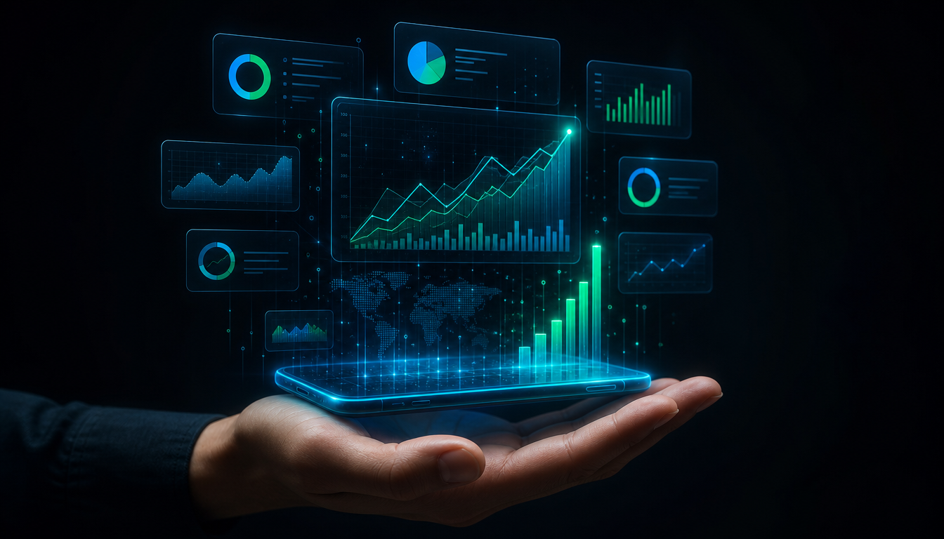 Mão segurando um smartphone com dashboards flutuantes, simbolizando o controle completo do negócio pelo celular